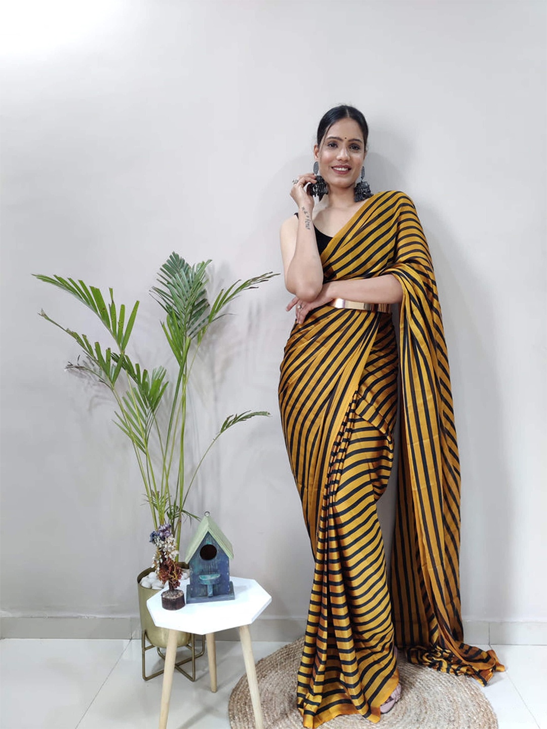 

KALINI Striped Ready to Wear Saree, Yellow