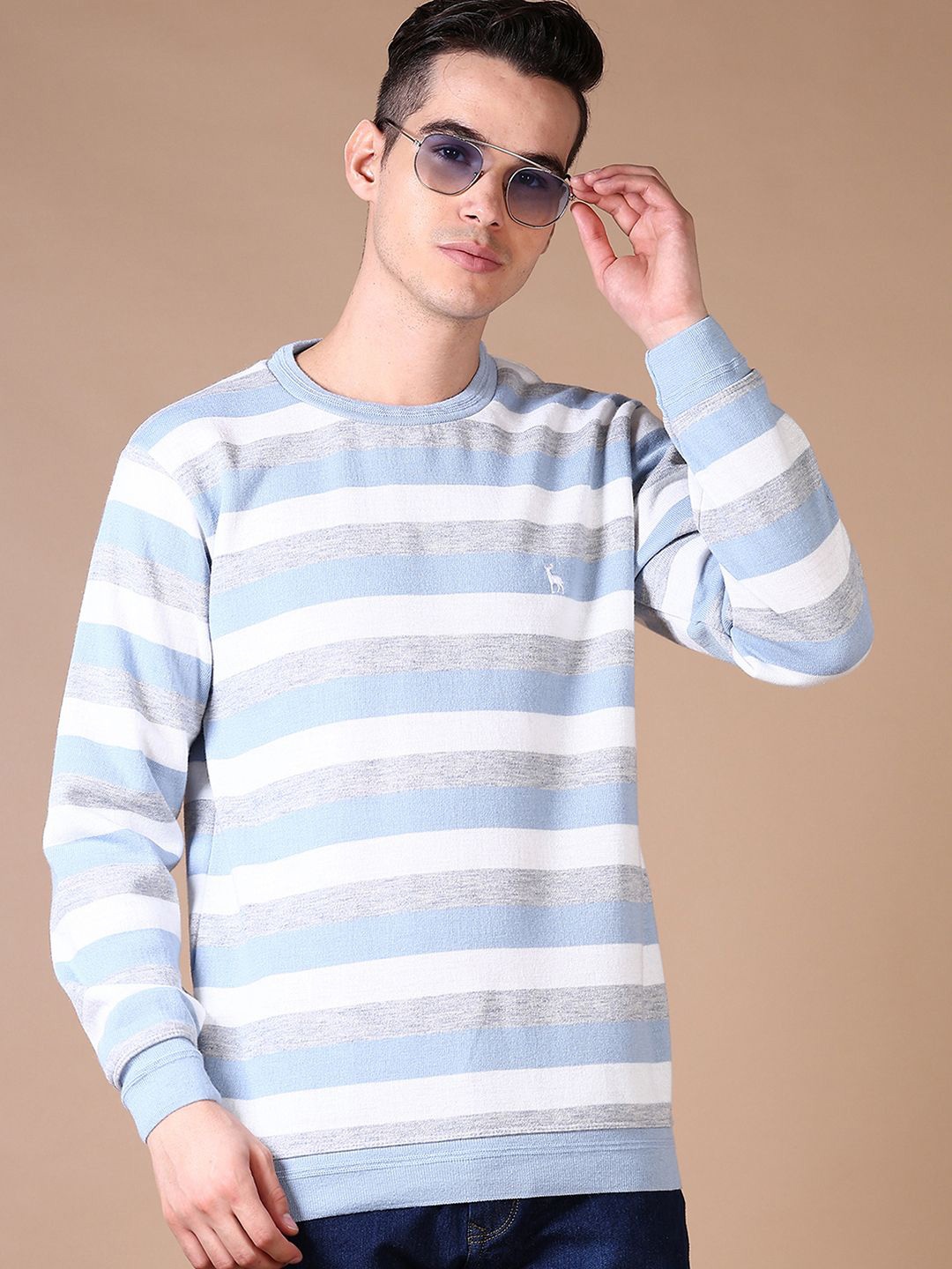 

V-Mart Men Cotton Striped Round Neck Pullover, Blue