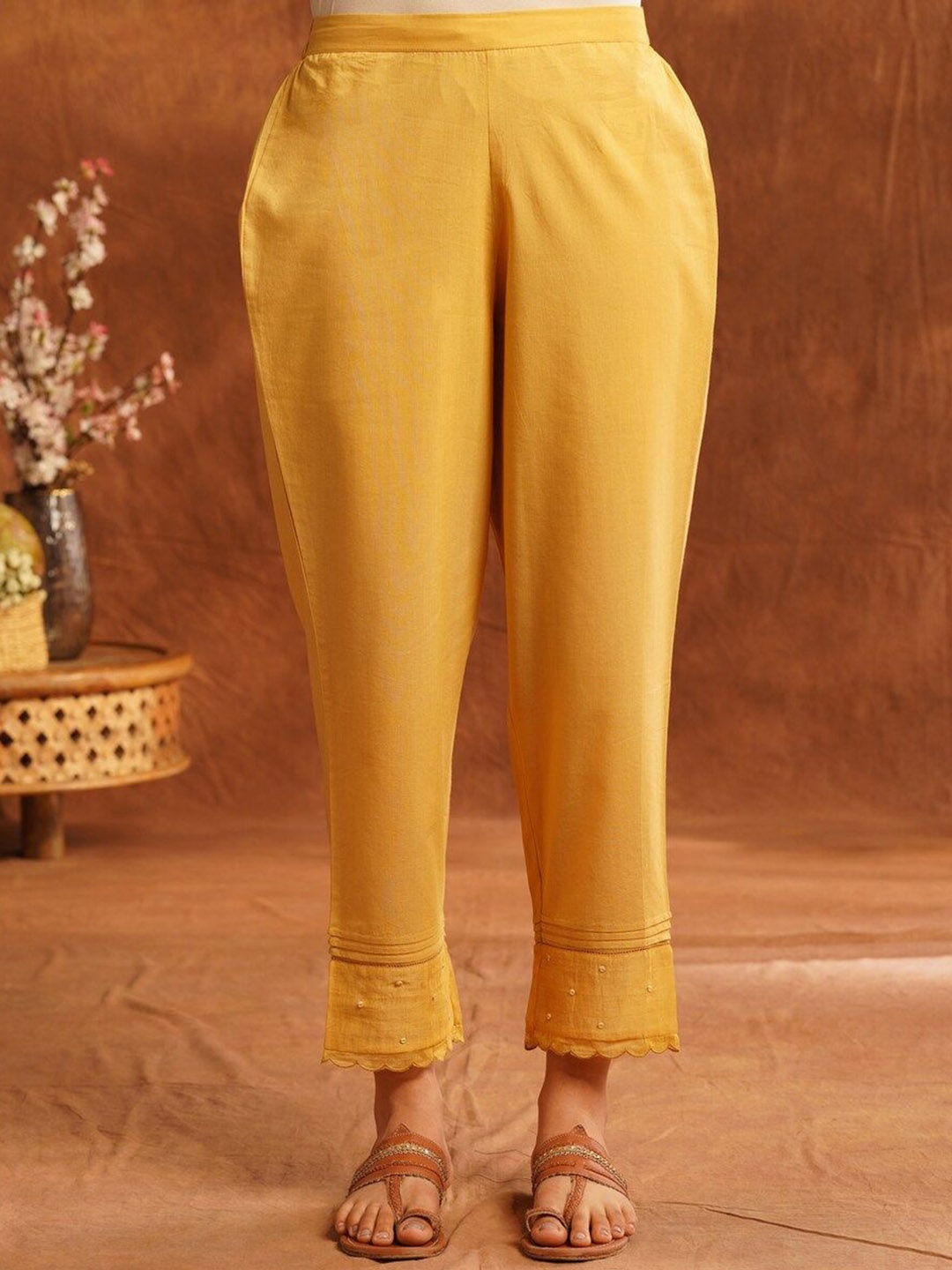 

JAYPORE Women Straight Fit Trousers, Yellow