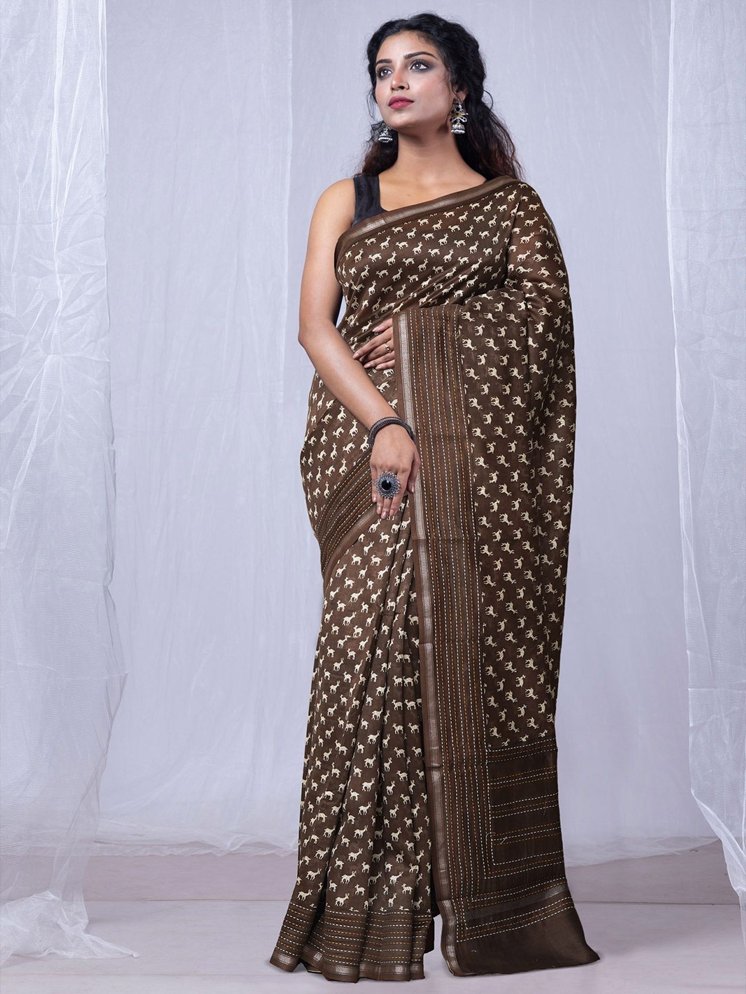 

Unnati Silks Printed Handloom Chanderi Saree, Brown