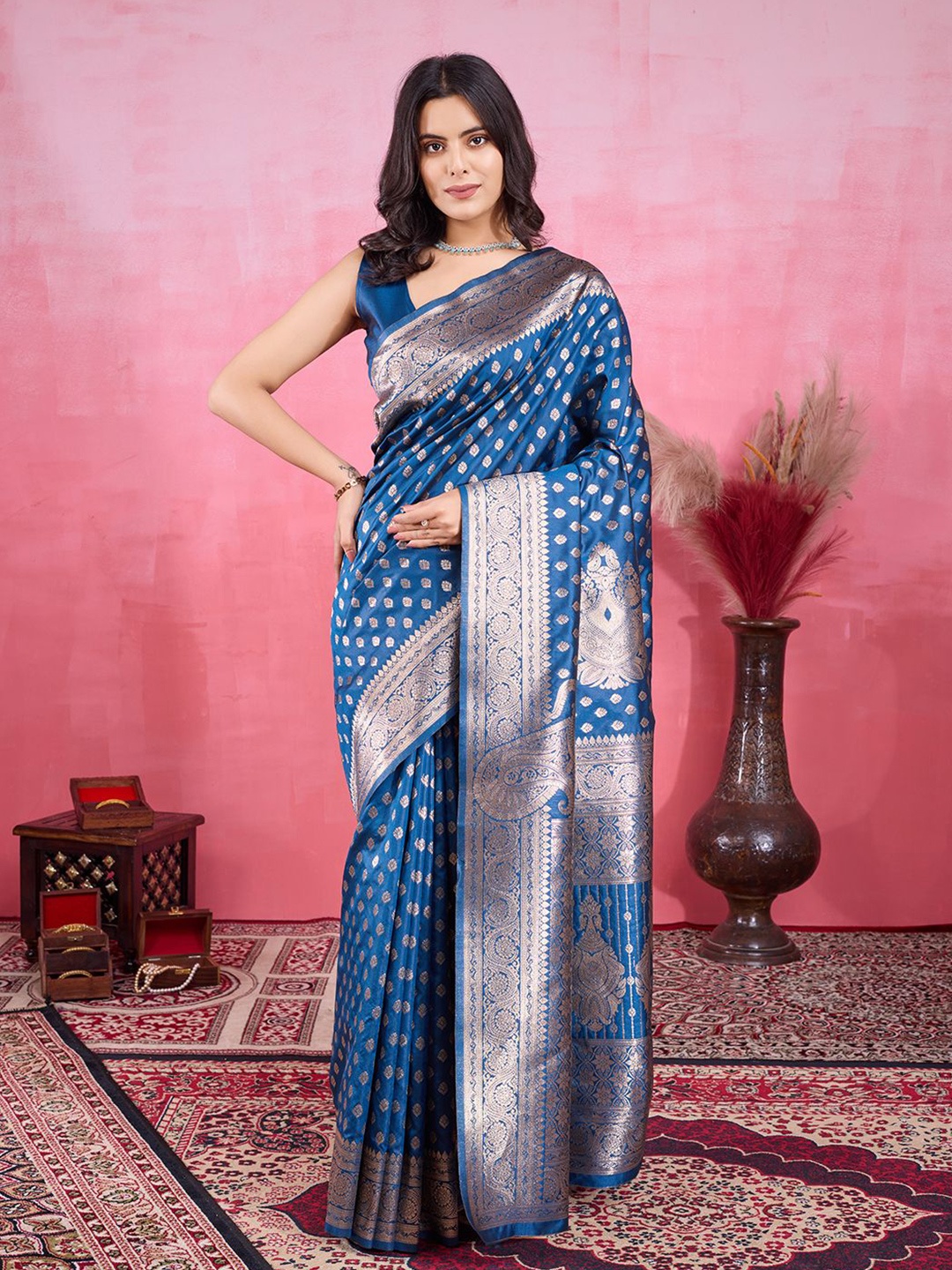 

V3 FASHION STUDIO Ethnic Motifs Woven Design Zari Pure Silk Banarasi Saree, Blue