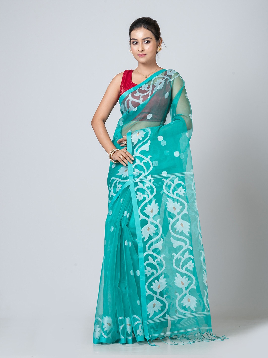 

PUKU Ethnic Motifs Woven Design Heavy Work Jamdani Saree, Sea green