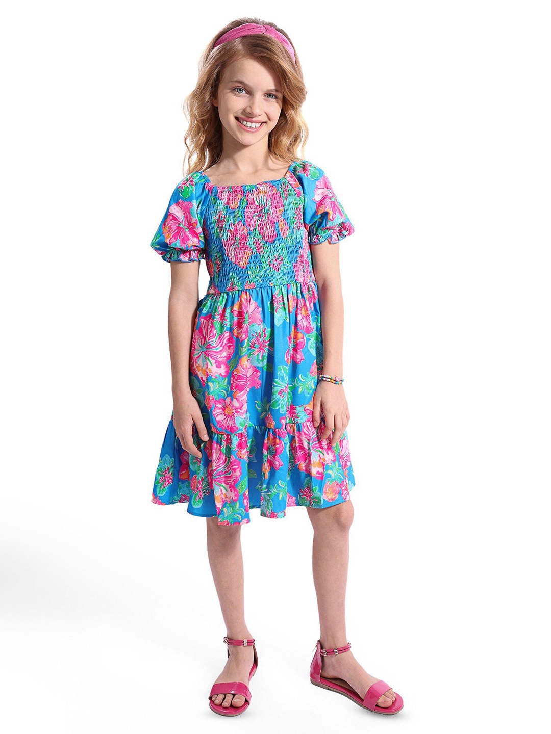 

Hola Bonita Girls Floral Printed Fit and Flare Dress, Blue