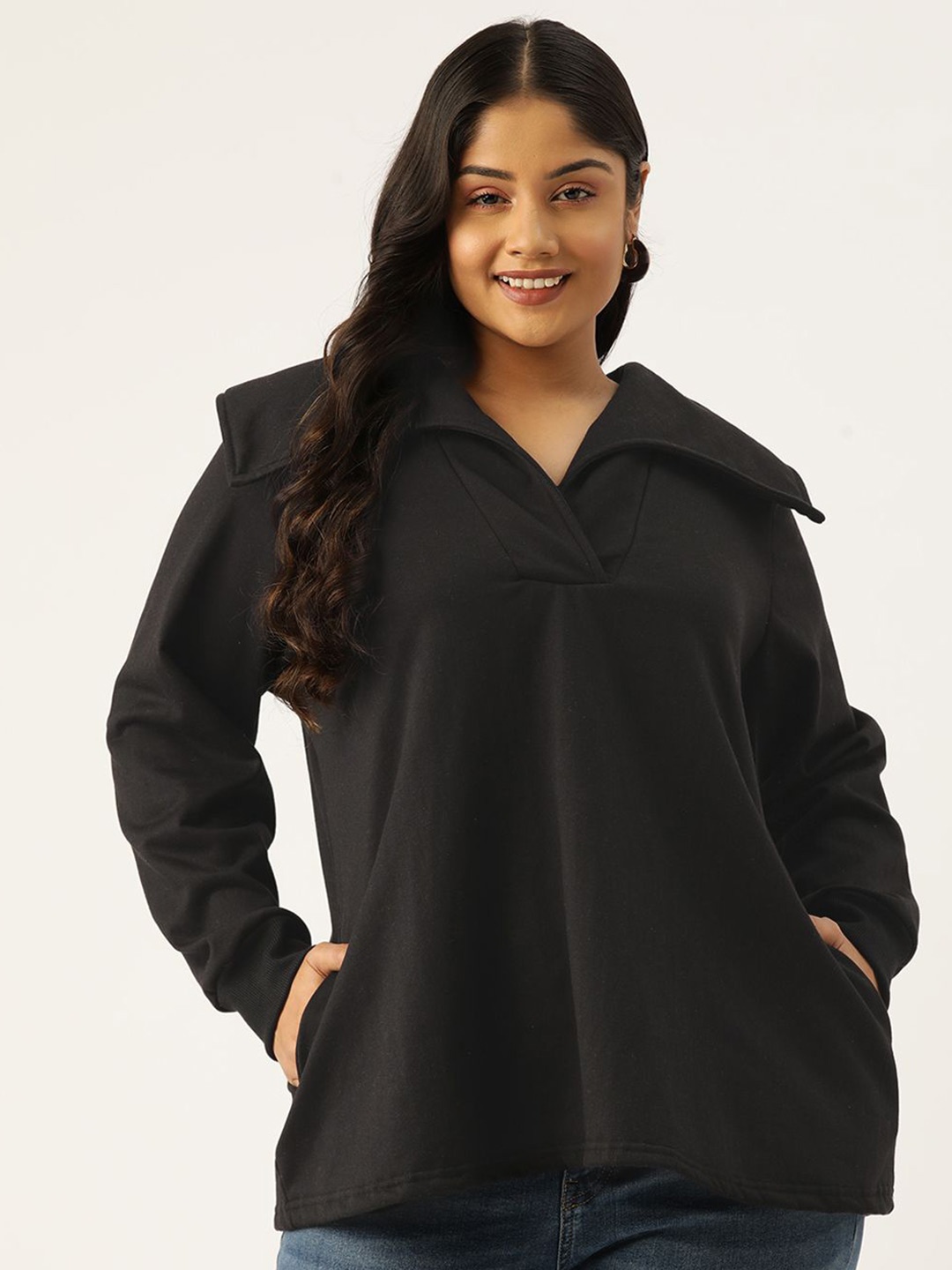 

theRebelinme Women Plus Size Shirt Collar Long Sleeves Top, Black