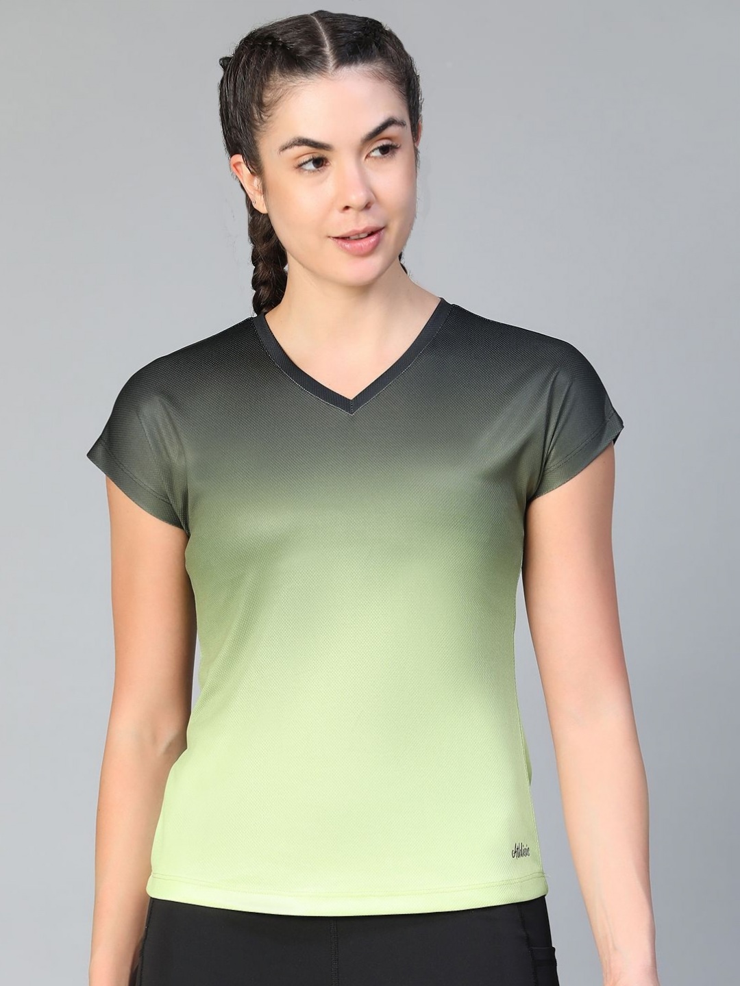 

ATHLISIS Women Printed V-Neck e-Dry Raw Edge Slim Fit T-shirt, Green