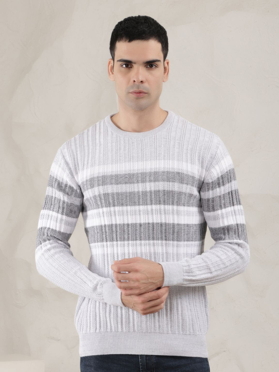 

COBB Men Round Neck Striped Pullover, Grey