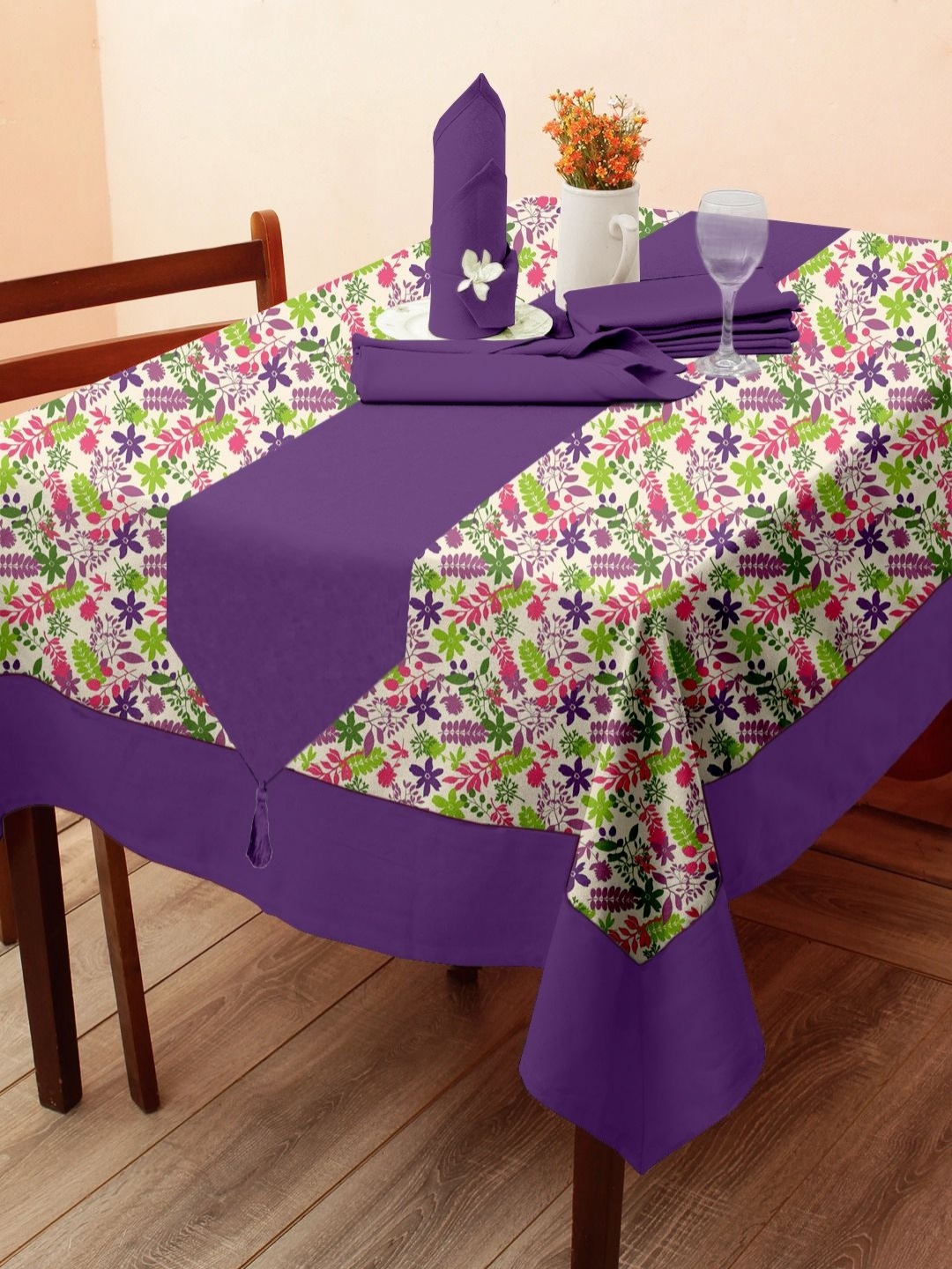 

Lushomes Purple Set of 6 Floral Cotton 4-Seater Table Cover