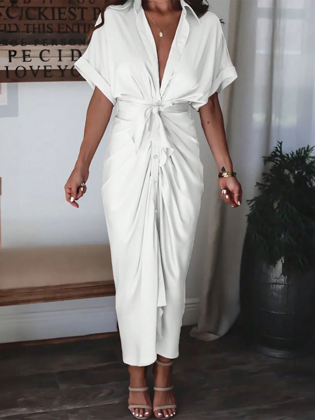 

StyleCast x Revolte Women Side Tape Shirt Maxi Dress, White