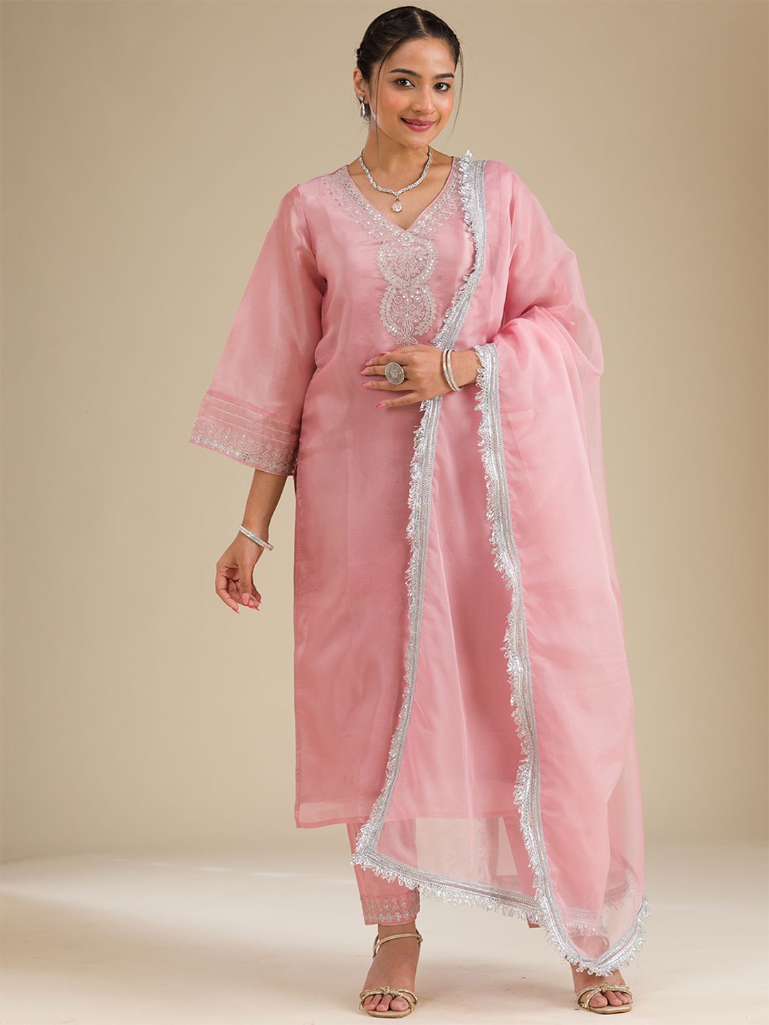 

Koskii Women Ethnic Motifs Embroidered Regular Sequinned Kurta with Trousers & With Dupatta, Pink