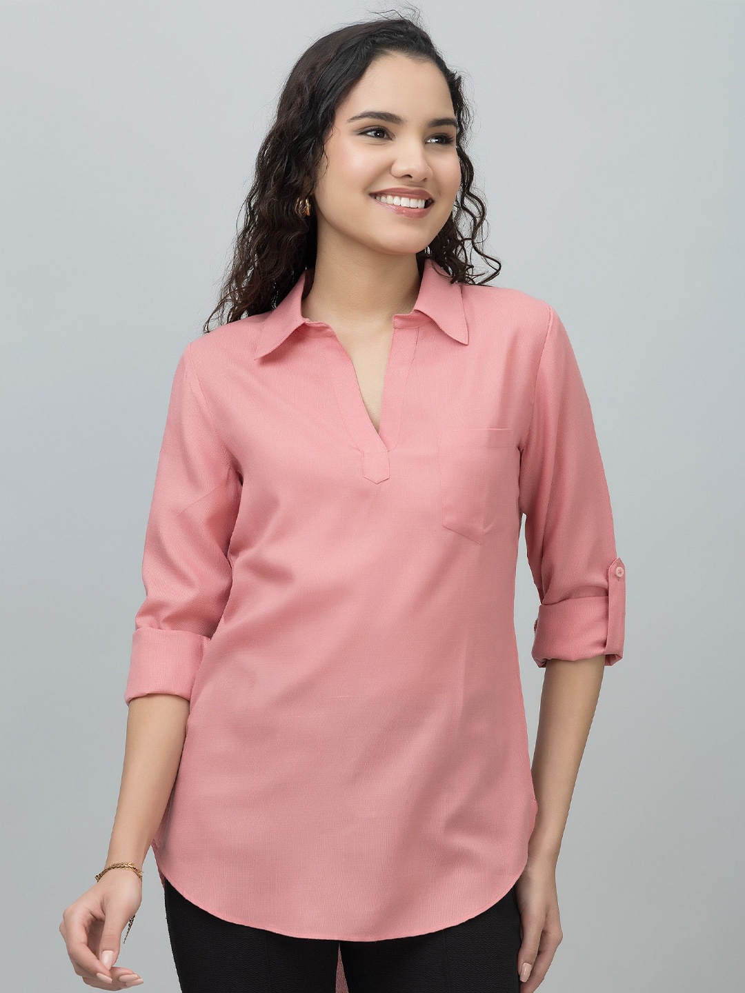 

PURYS Women Shirt Collar Tunic, Pink