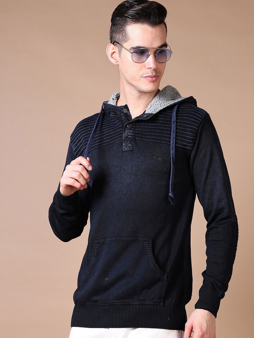 

V-Mart Men Cotton Hooded Long Sleeves Pullover, Navy blue