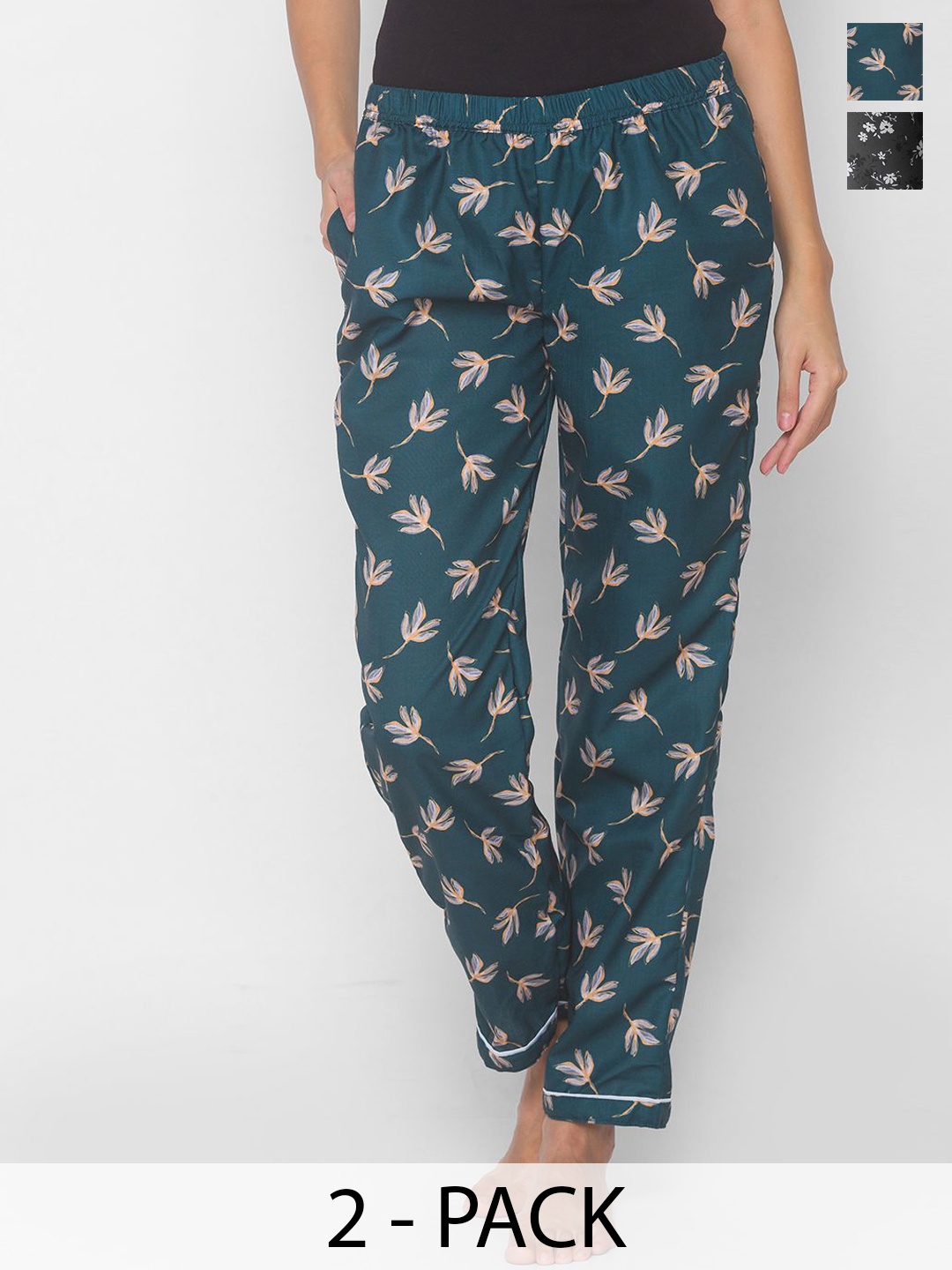 

FashionRack Women Pack Of 2 Printed Mid- Rise Lounge Pants, Teal