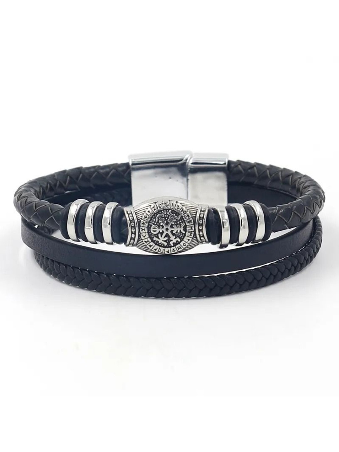 

MEENAZ Men Leather Oxidised Silver-Plated Multistrand Bracelet