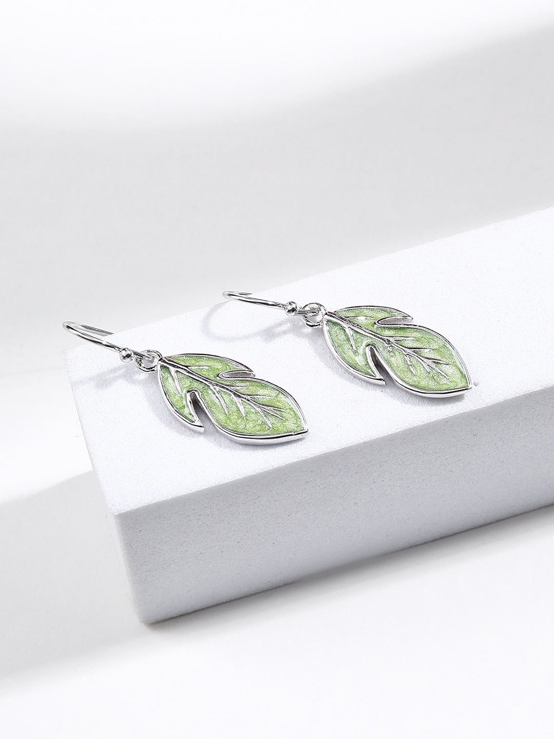 

DIAVO Women Rhodium Plated Green Leaf Shape Drop Earrings, Silver