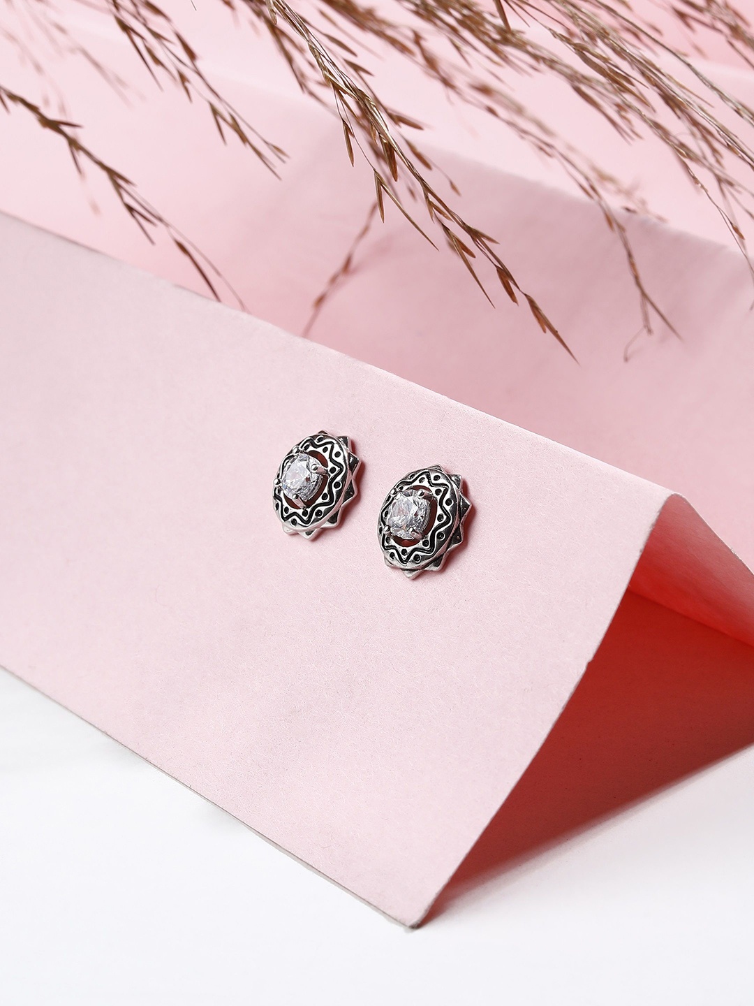 

DIAVO Rhodium Plated 925 Sterling Silver CZ Studded Contemporary Studs Earrings