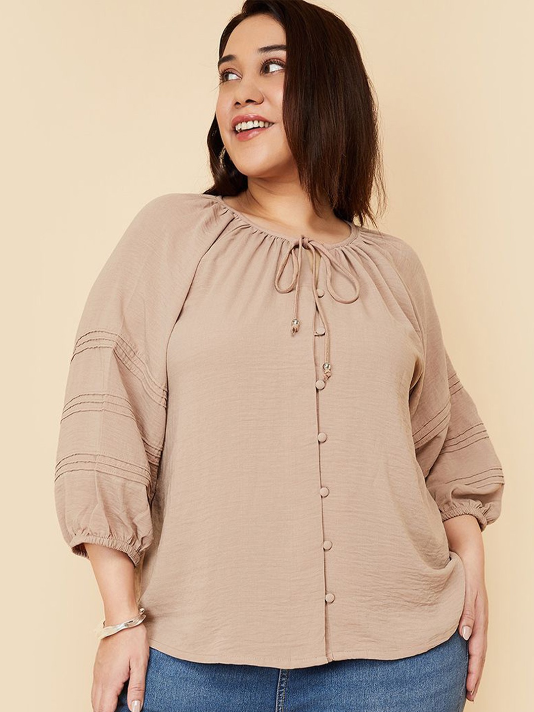 

max Women Plus Size Tie-Up Neck Top, Brown