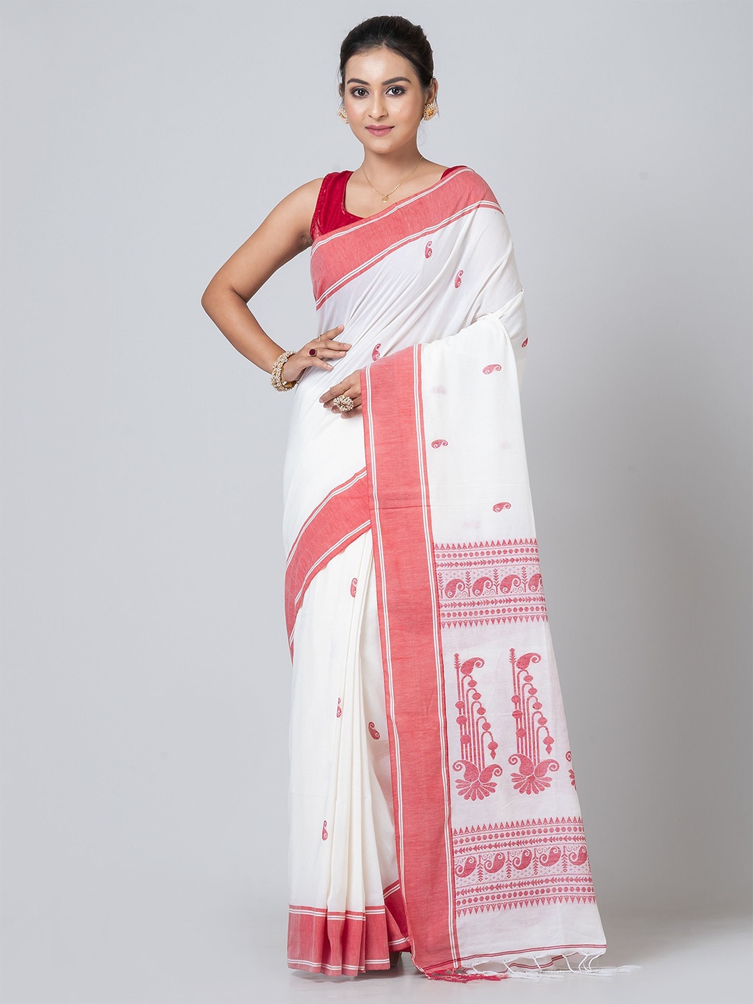 

PUKU Woven Design Pure Cotton Saree, White