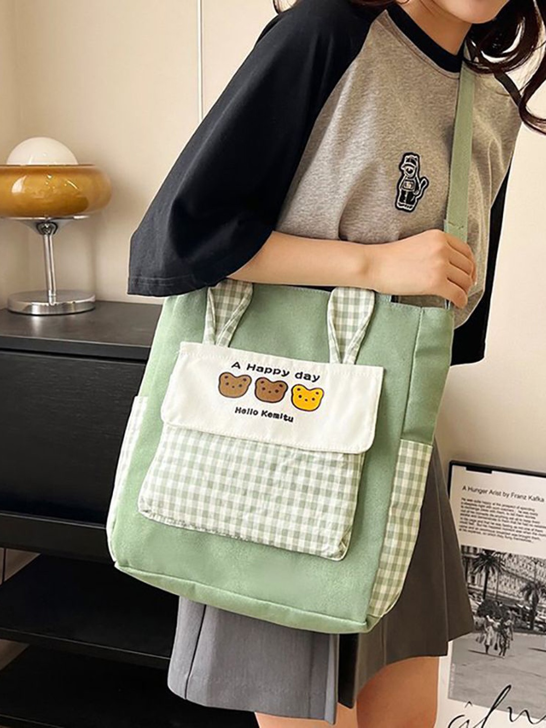 

StyleCast x Revolte Checked Shopper Handheld Bag with Applique, Green