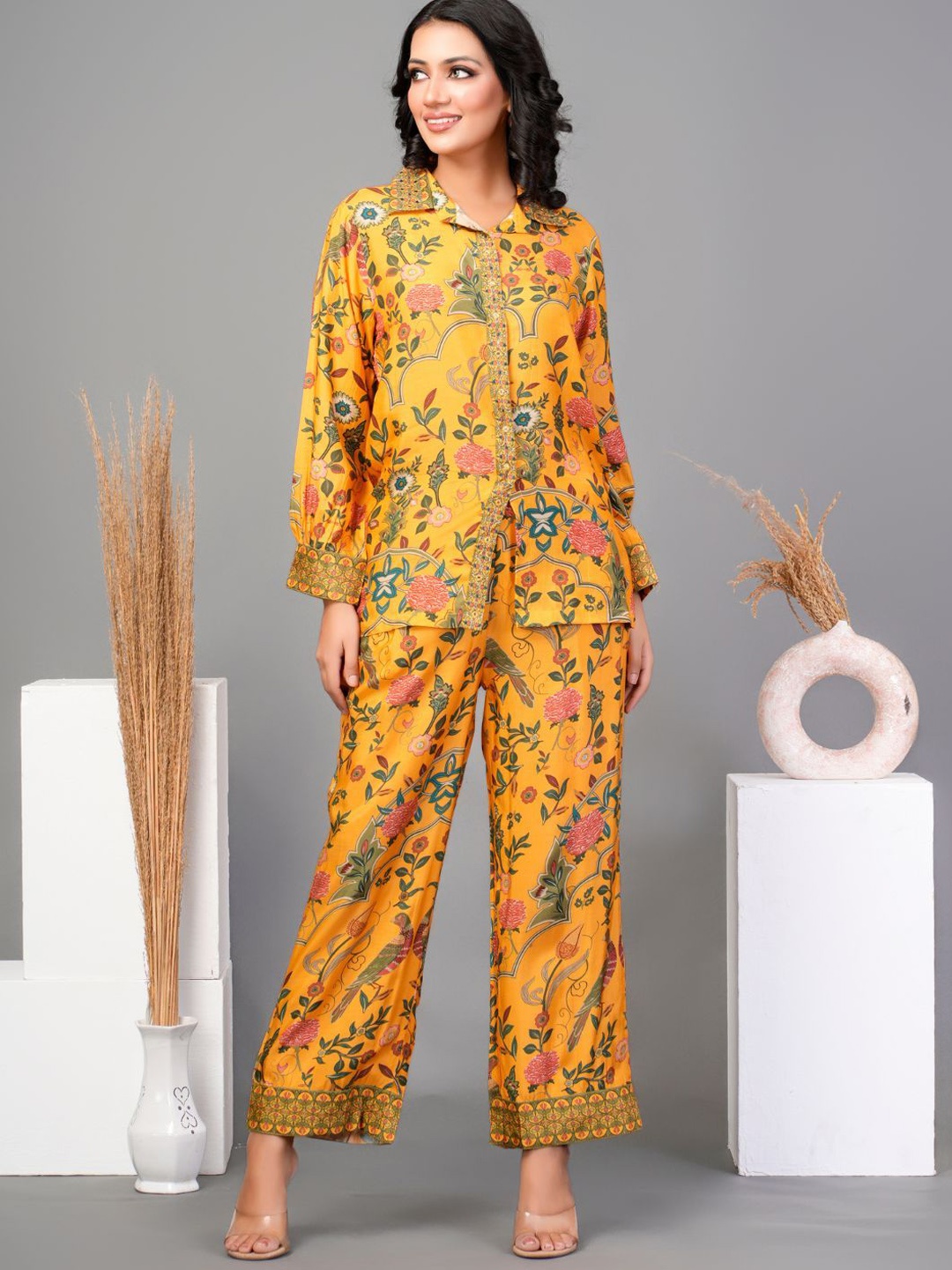 

Kaftanize Printed Three-Quarter Sleeves Shirt with Trouser, Yellow