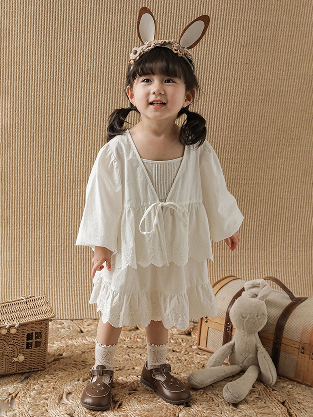 

LULU & SKY Girls Shoulder Straps Neck Sleeveless A-Line Dress With Top, Beige