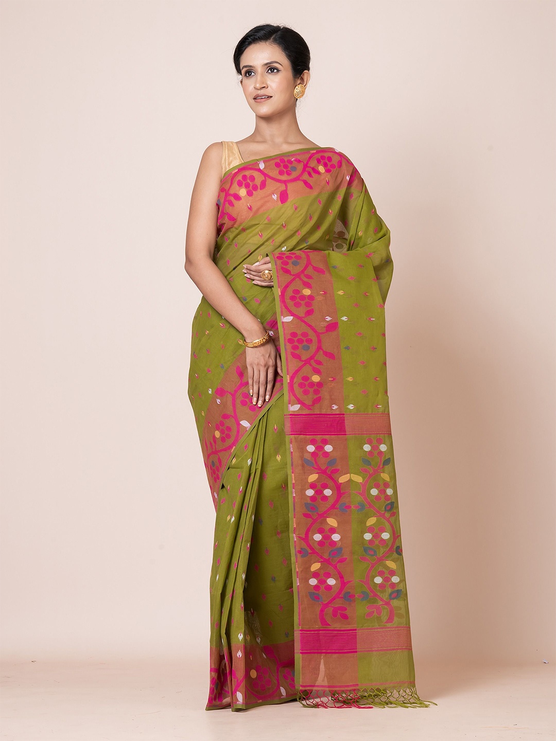 

PUKU Woven Design Pure Cotton Jamdani Saree, Green