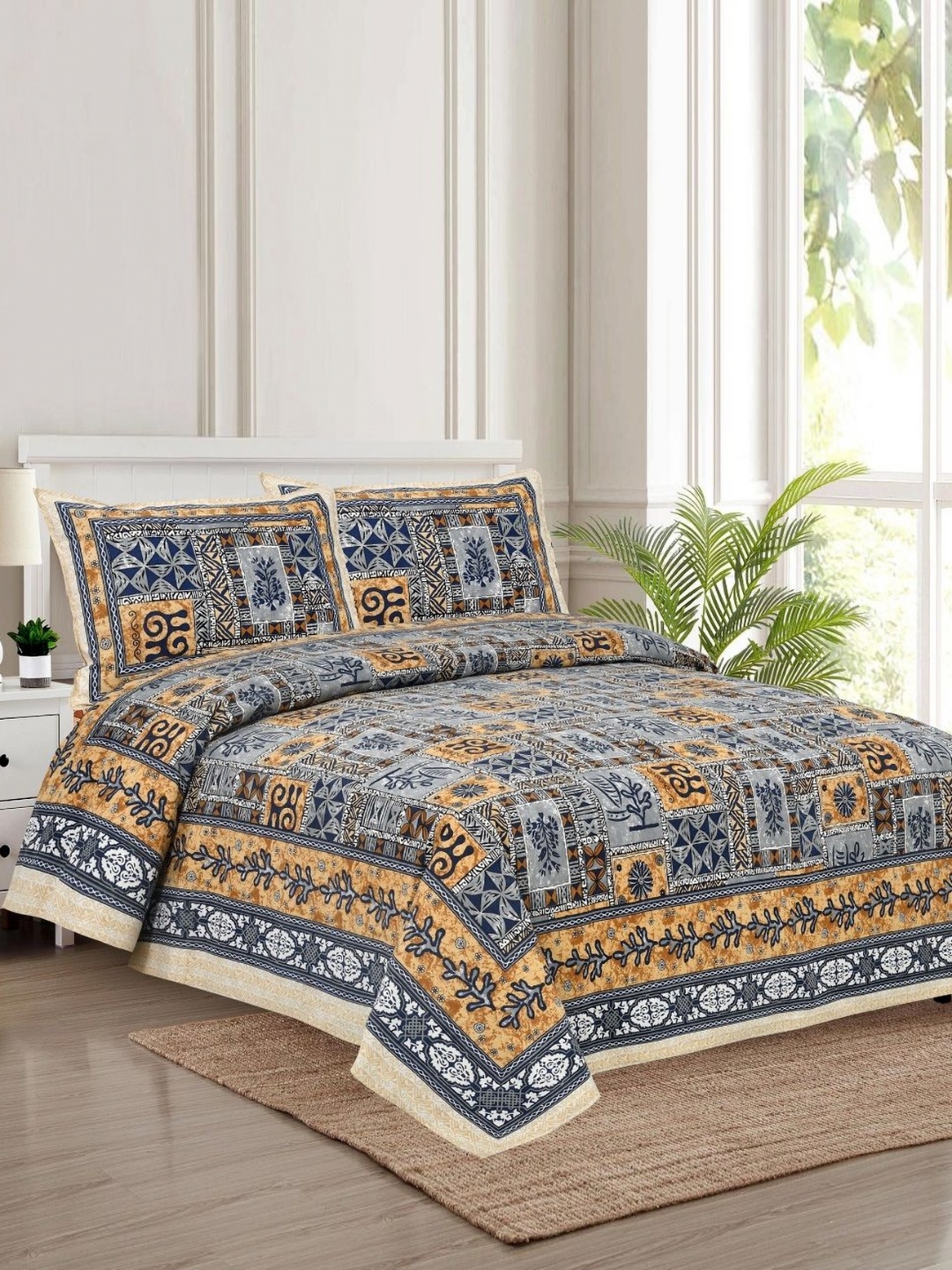 

HOMELINE Blue Geometric 180 TC King Bedsheet with 2 Pillow Covers- 2.84 x 2.84 m