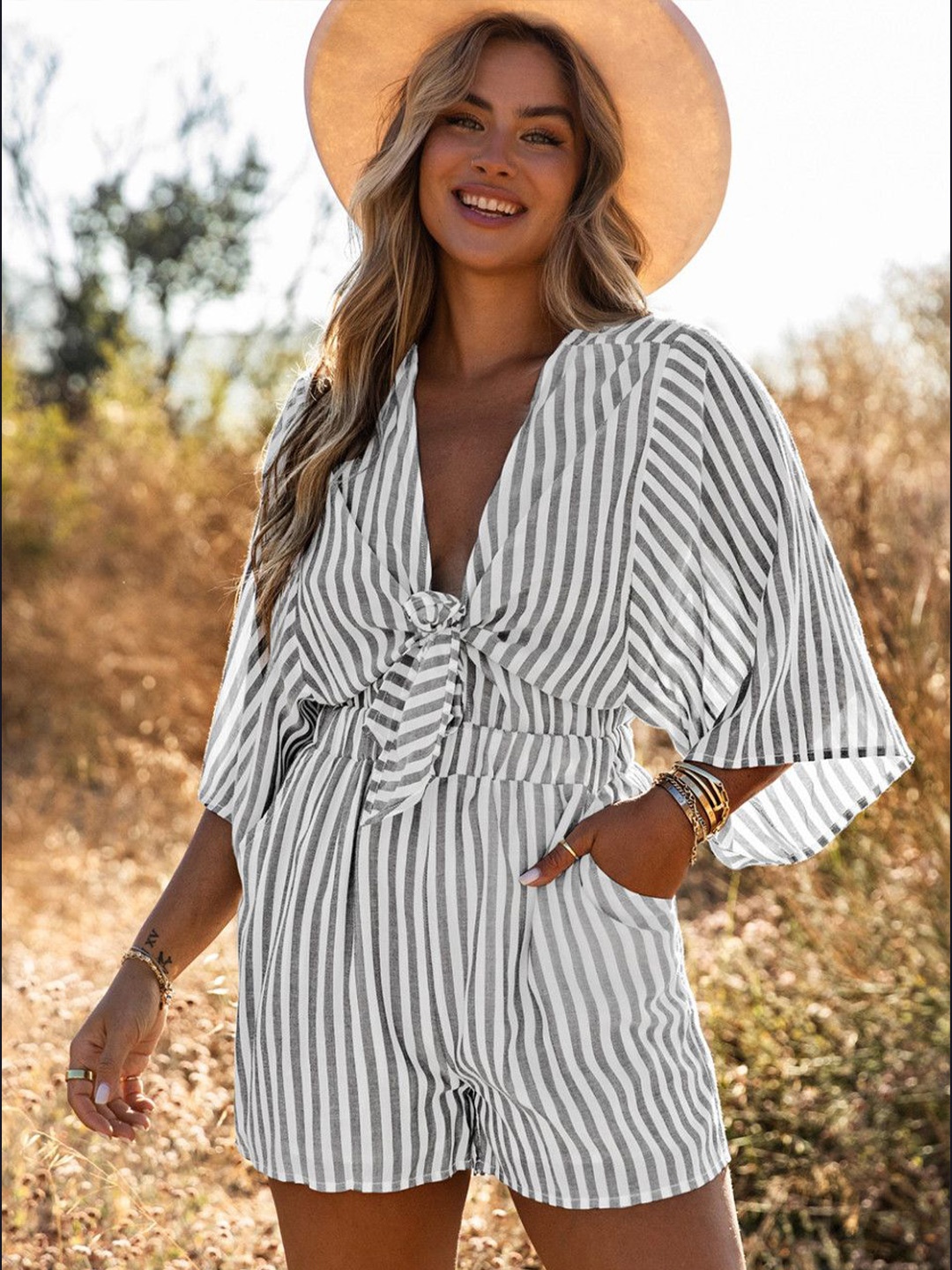

StyleCast Women Striped V-neck Besic Jumpsuit, Grey