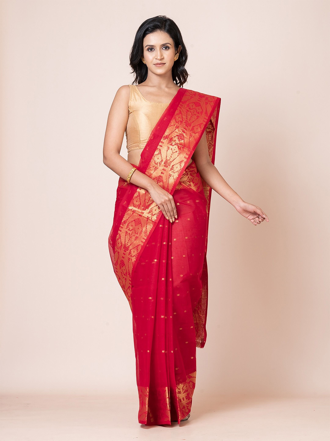 

PUKU Ethnic Motifs Woven Design Zari Pure Cotton Taant Saree, Red