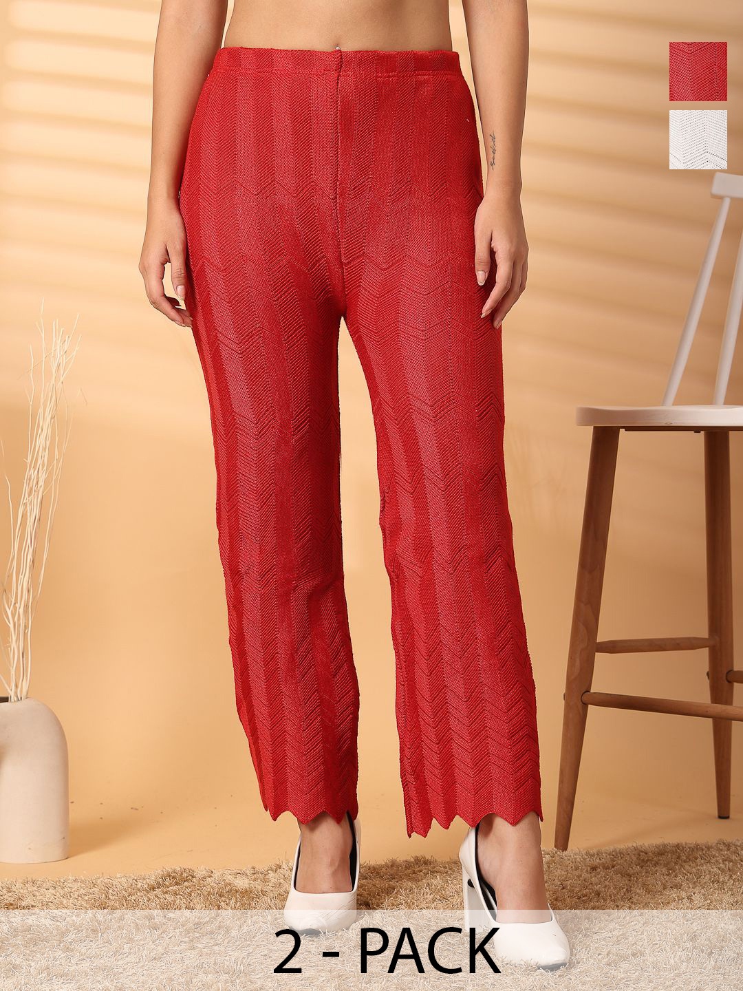 

Clora Creation Women Pack Of 2 Straight Fit Trousers, Red