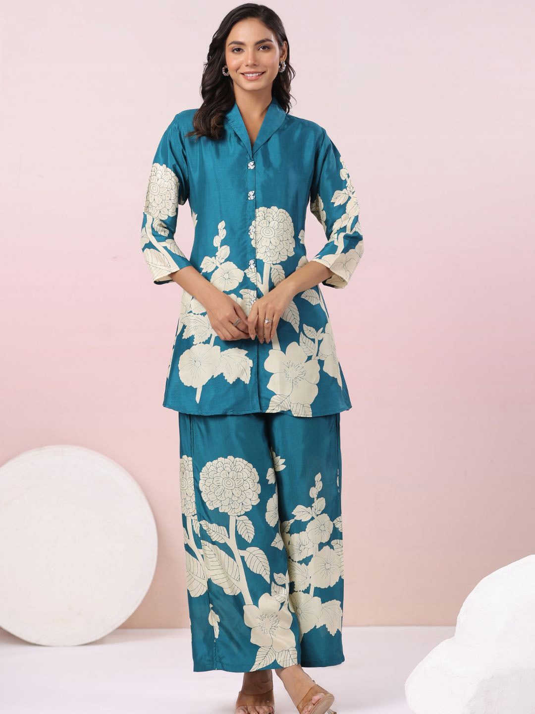 

Kaftanize Printed Three-Quarter Sleeves Shirt with Palazzo, Blue