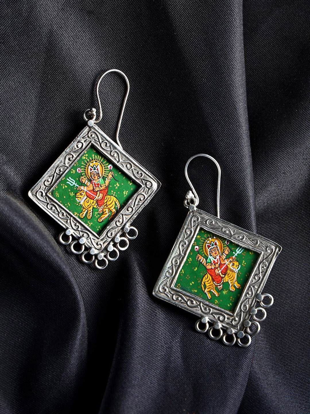 

Exotic India Hand Painted Goddess Durga Hook Sterling Silver Drop Shape Earrings