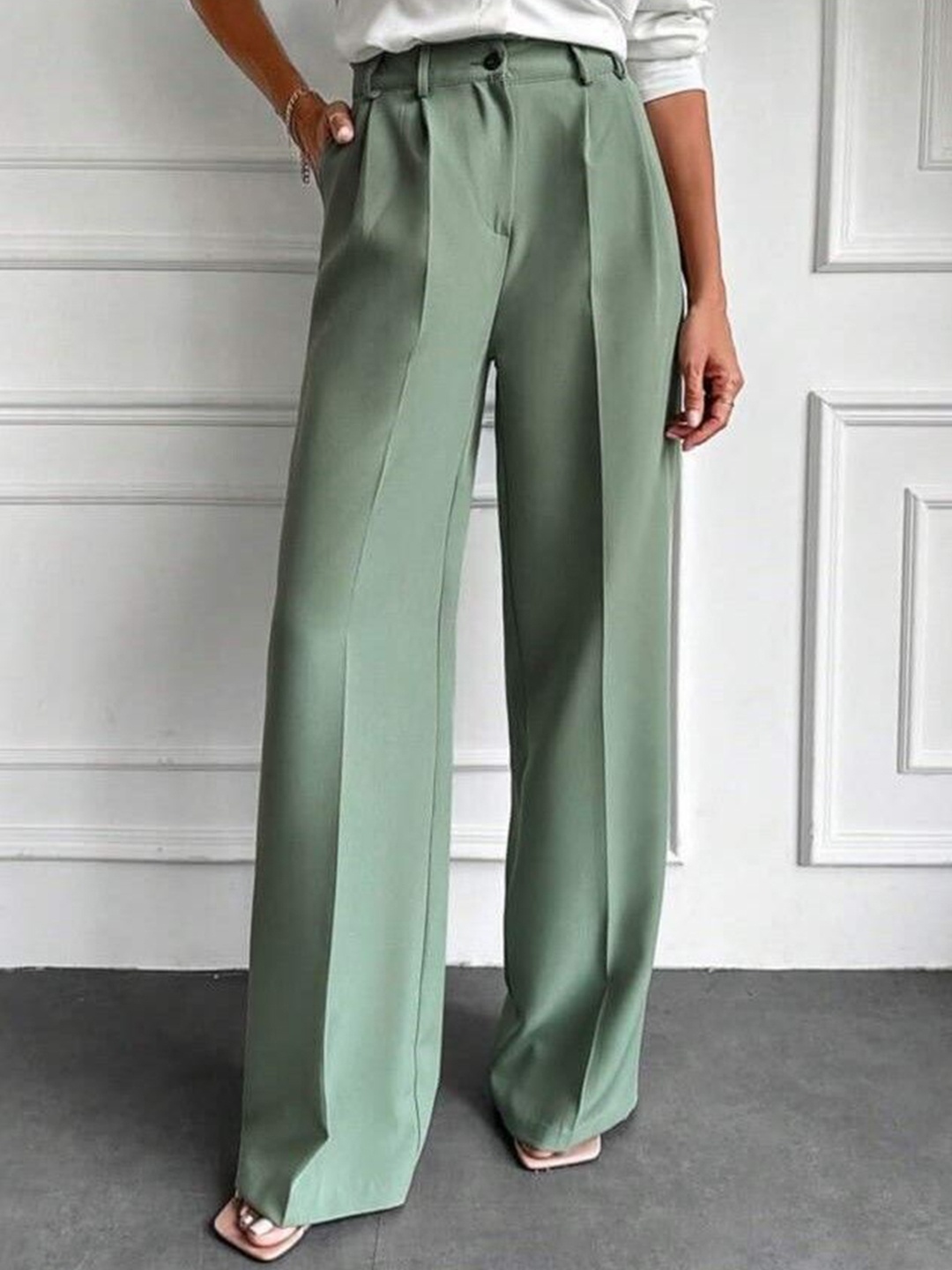 

Next One Women Smart Loose Fit High-Rise Pleated Korean Trousers, Green