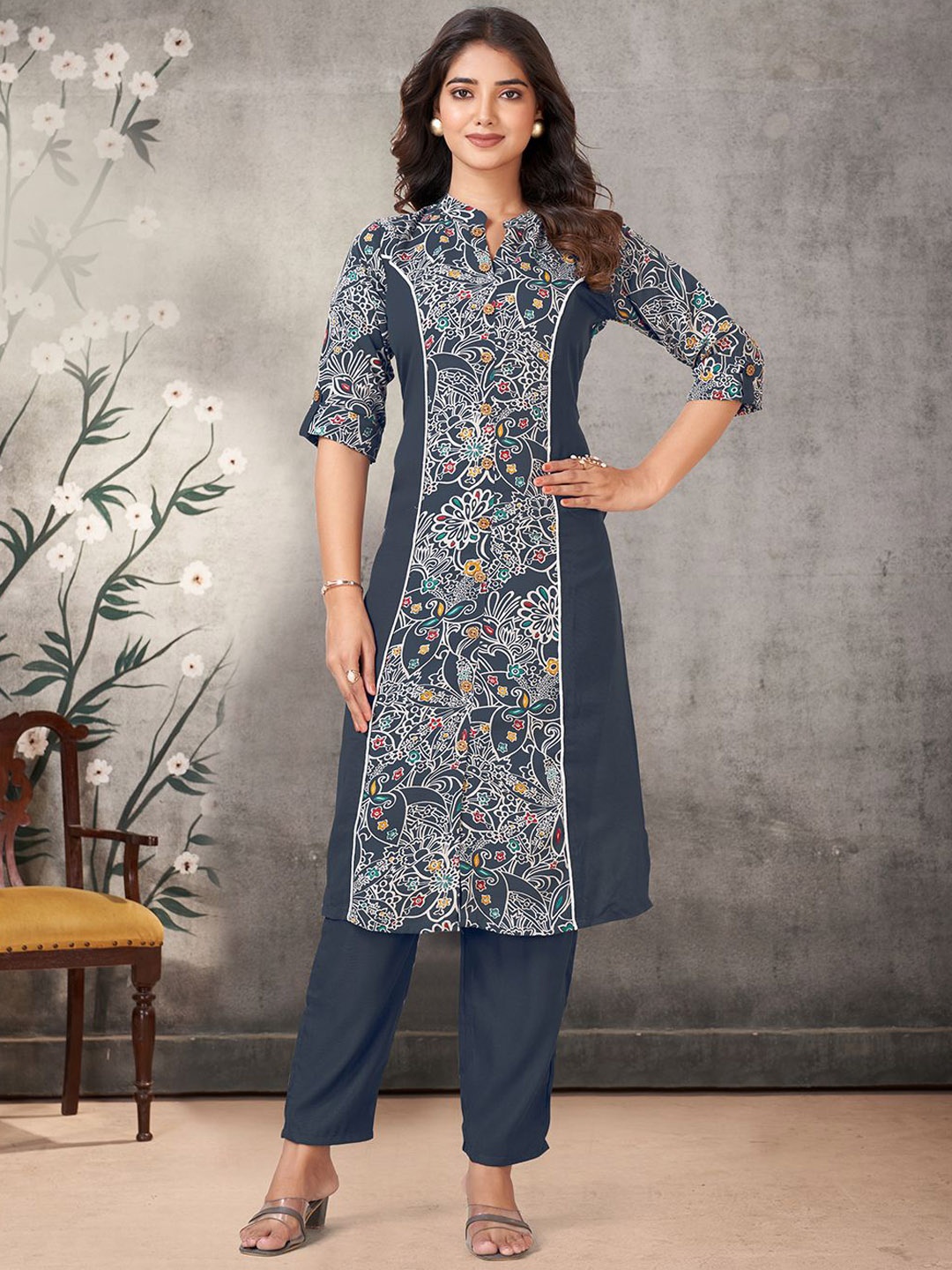 

KALINI Women Ethnic Motifs Printed Regular Kurta with Trousers, Grey