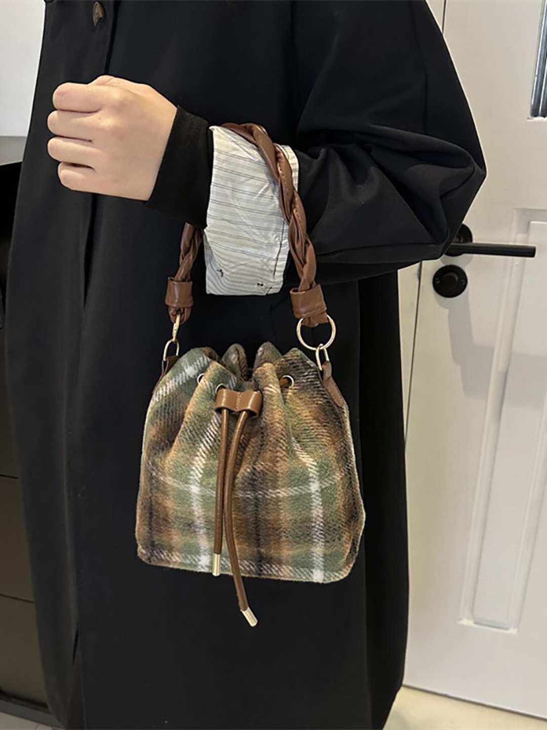 

StyleCast x Revolte Checked Swagger Sling Bag with Applique, Green