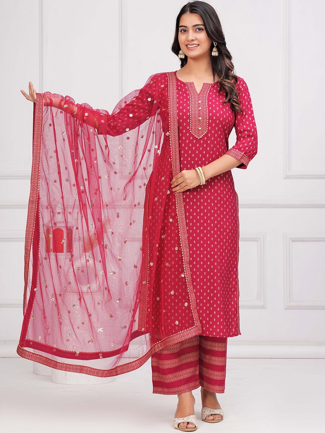 

Nayo Women Ethnic Motifs Printed Regular Gotta Patti Kurta with Palazzos & With Dupatta, Pink