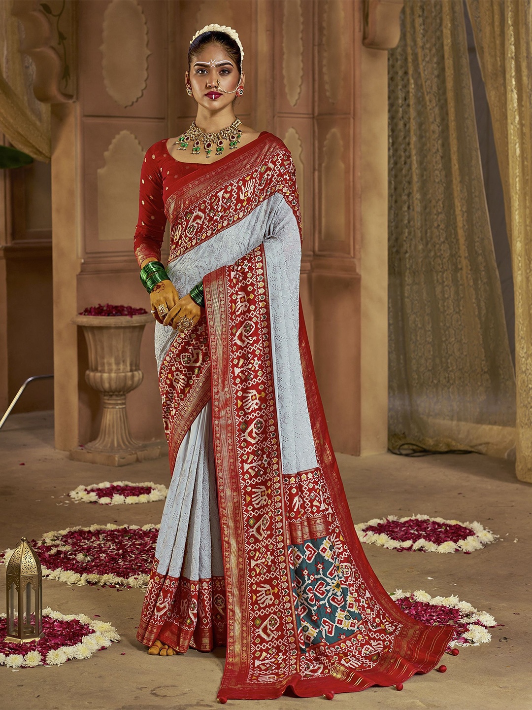 

Jinal & Jinal Ethnic Motifs Chikankari Pure Georgette Patola Saree, Grey