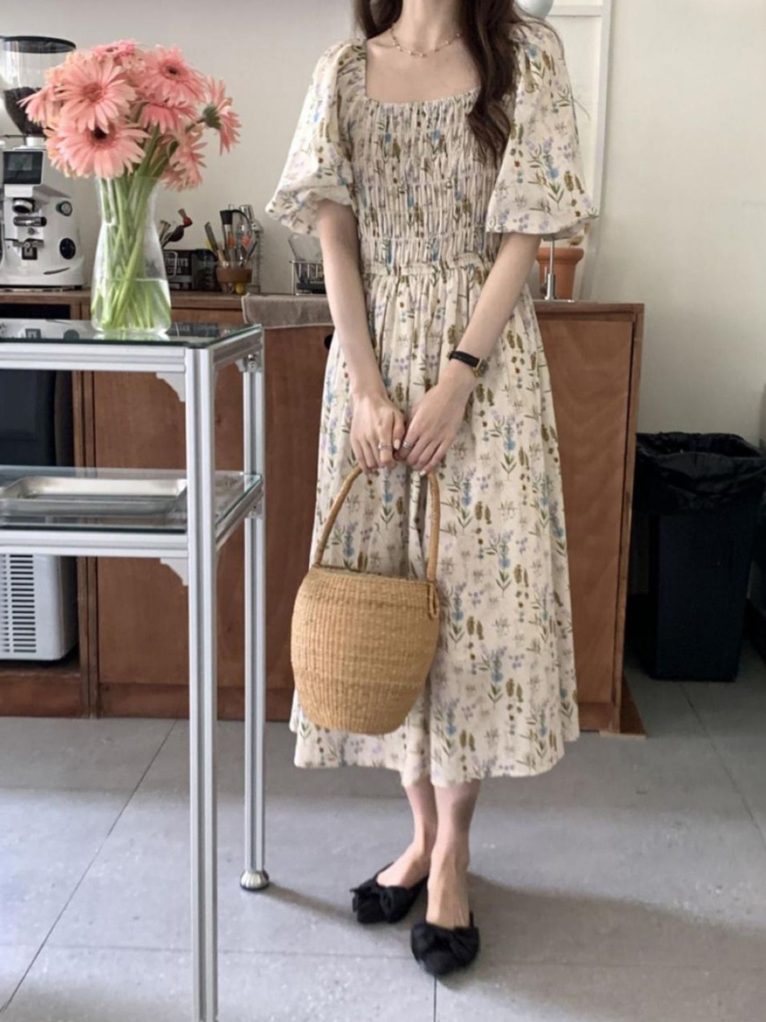 

StyleCast Floral Print Bell Sleeve A-Line Midi Dress, Brown