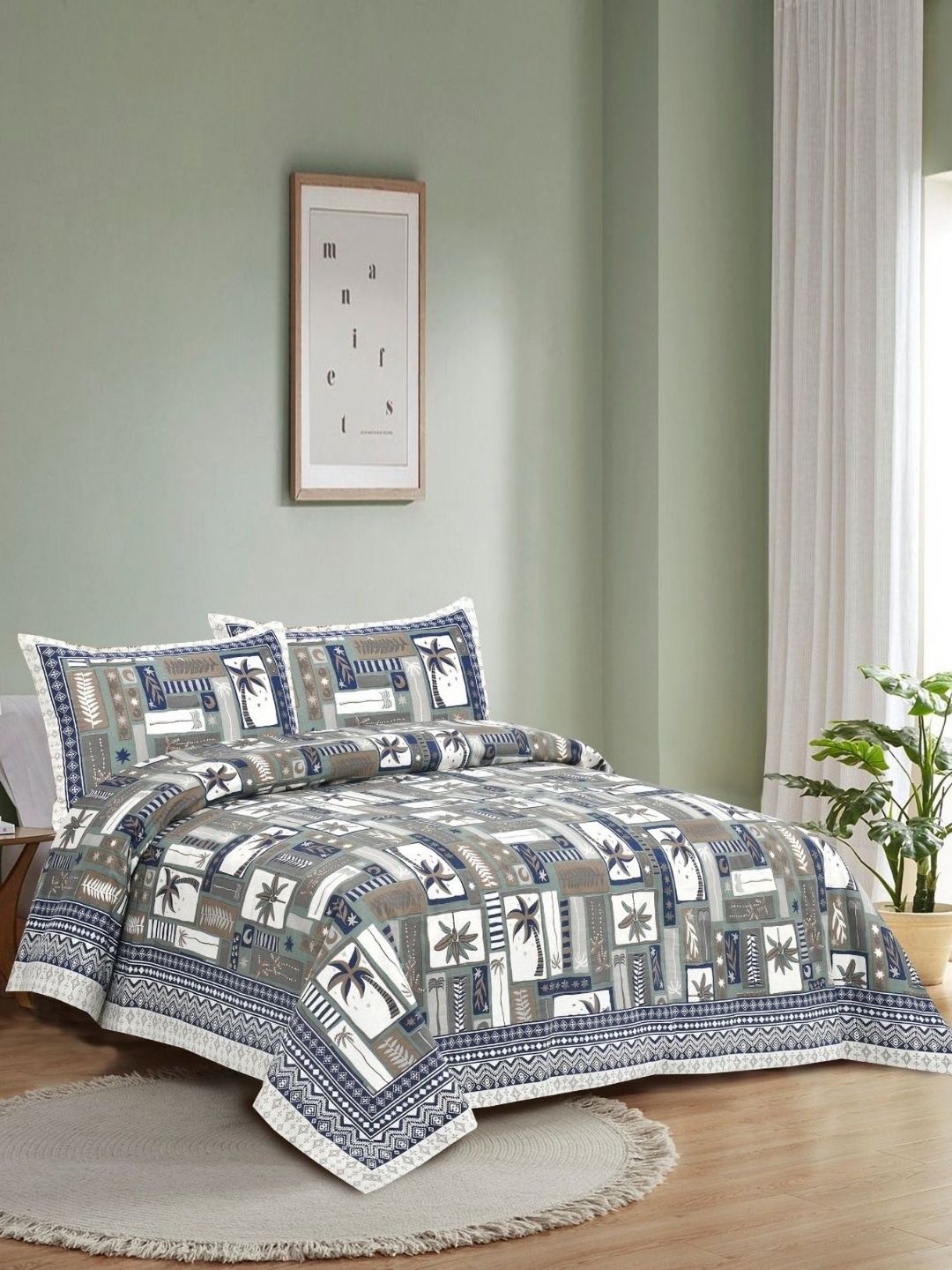 

HOMELINE White & Blue Graphic 180 TC King Bedsheet with 2 Pillow Covers-2.84 x 2.84 m