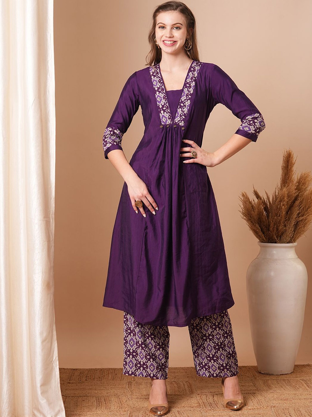 

FASHOR Women Ethnic Printed A-Line Pleated Kurta With Palazzos, Purple