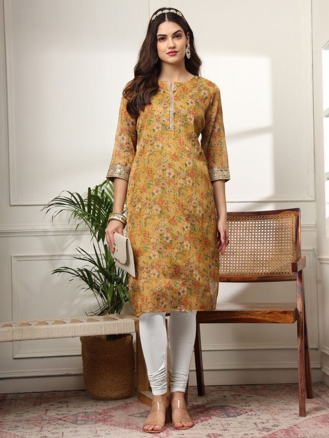 

SUNDARNAARI Floral Printed Thread Work Kurta, Mustard