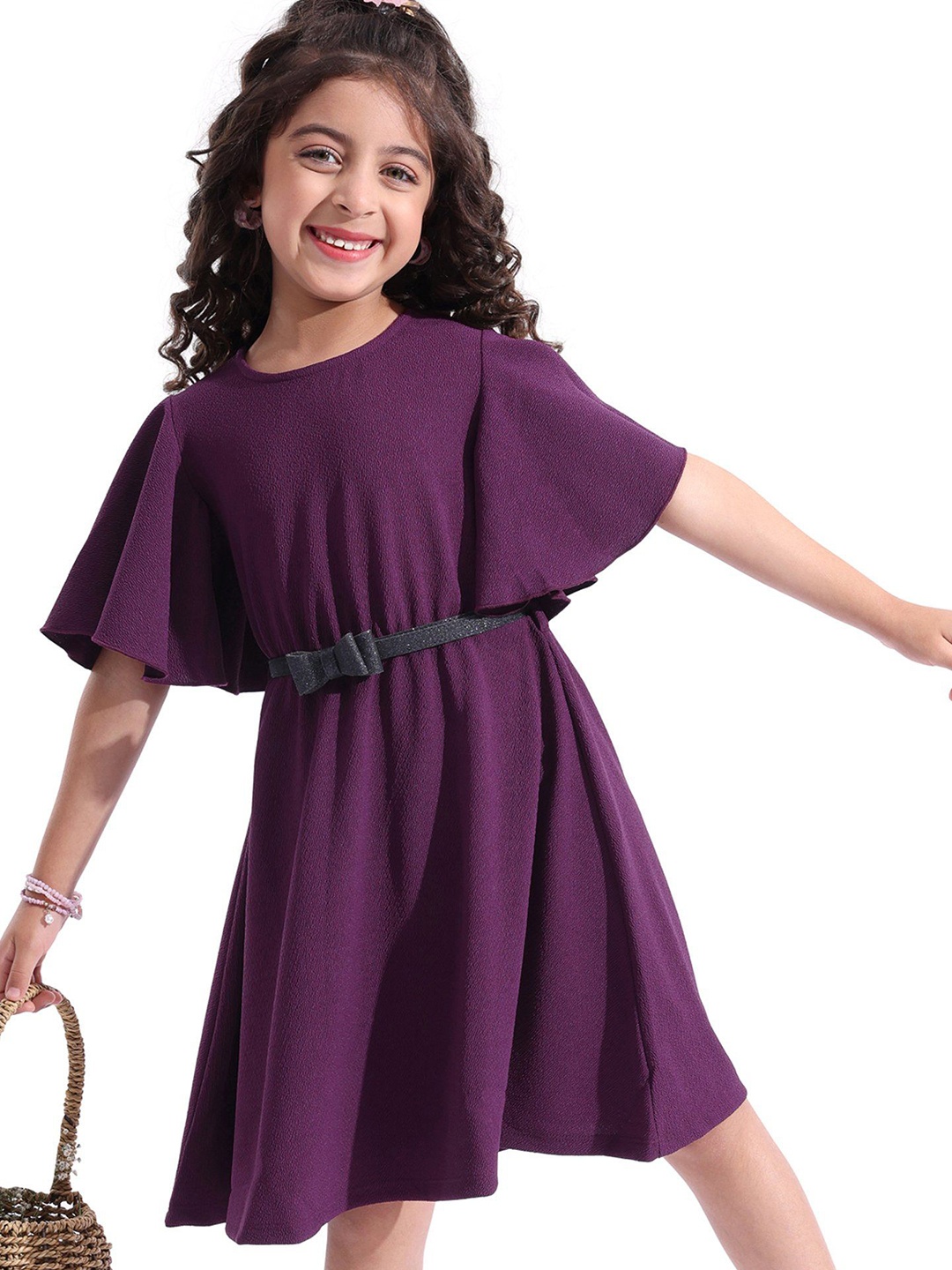 

Hola Bonita Girls Flared Sleeve Fit & Flare Dress With Belt, Purple