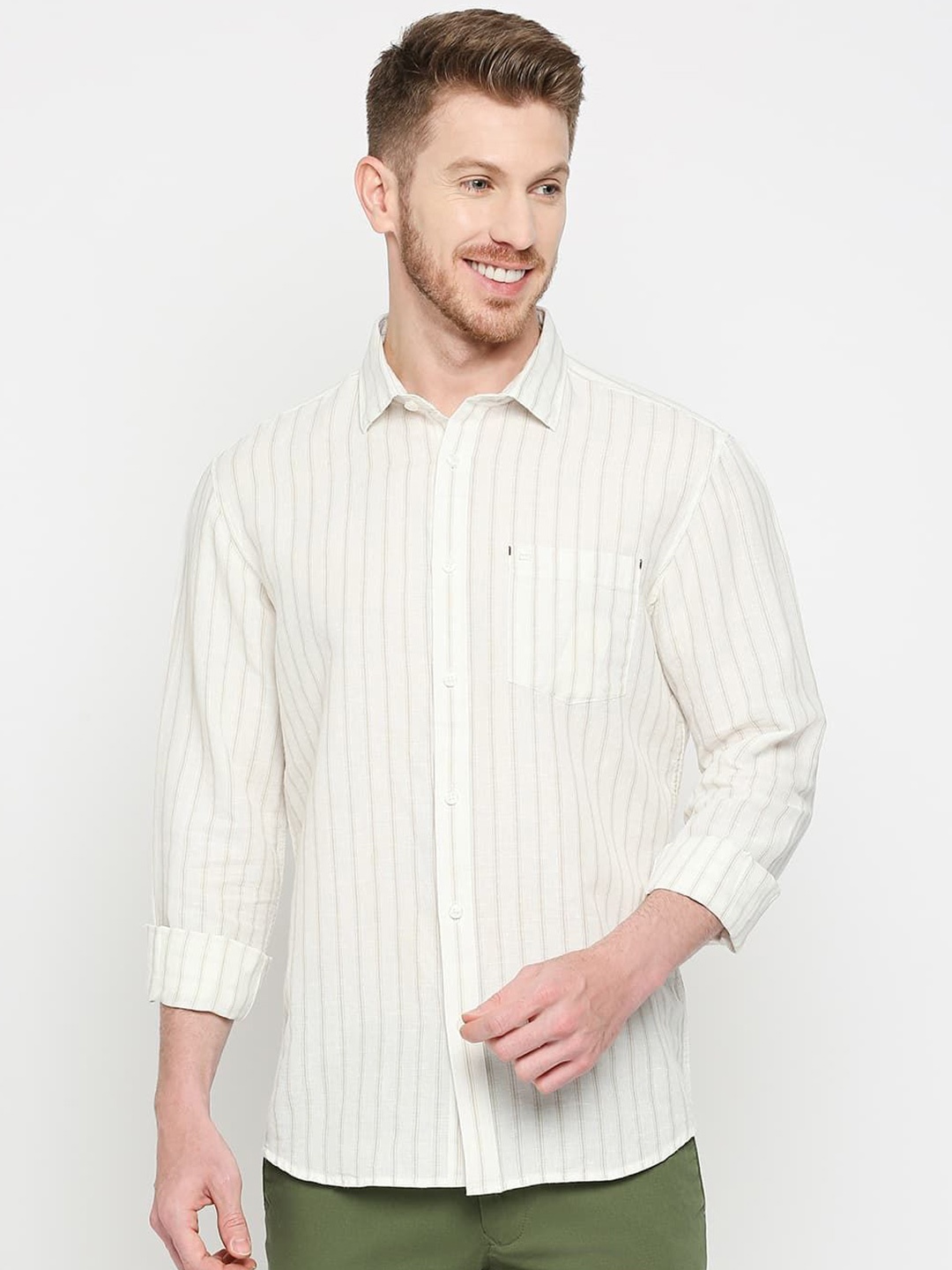 

Basics Men Slim Fit Pinstripes Opaque Striped Casual Shirt, White