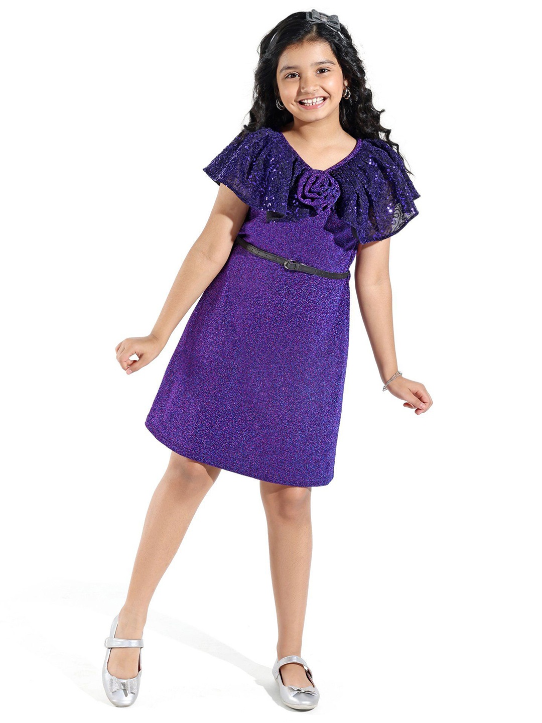 

Hola Bonita Girls V-neck Flared Sleeve A-line Dress, Purple