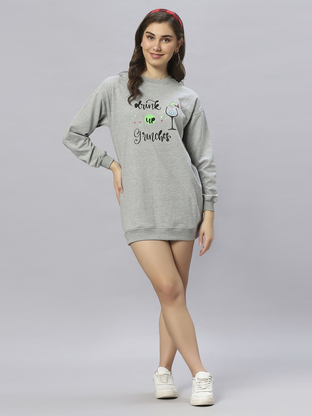 

Ashtag Women Round Neck T-shirt Long Sleeves Mini Dress, Grey