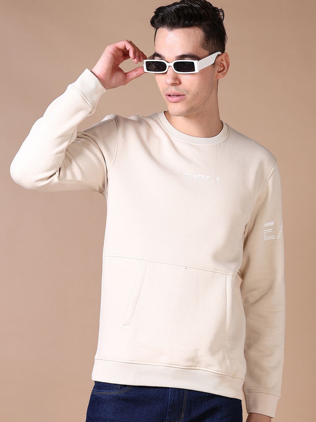 

V-Mart Men Printed Round Neck Long Sleeves Pullover Sweatshirt, Beige