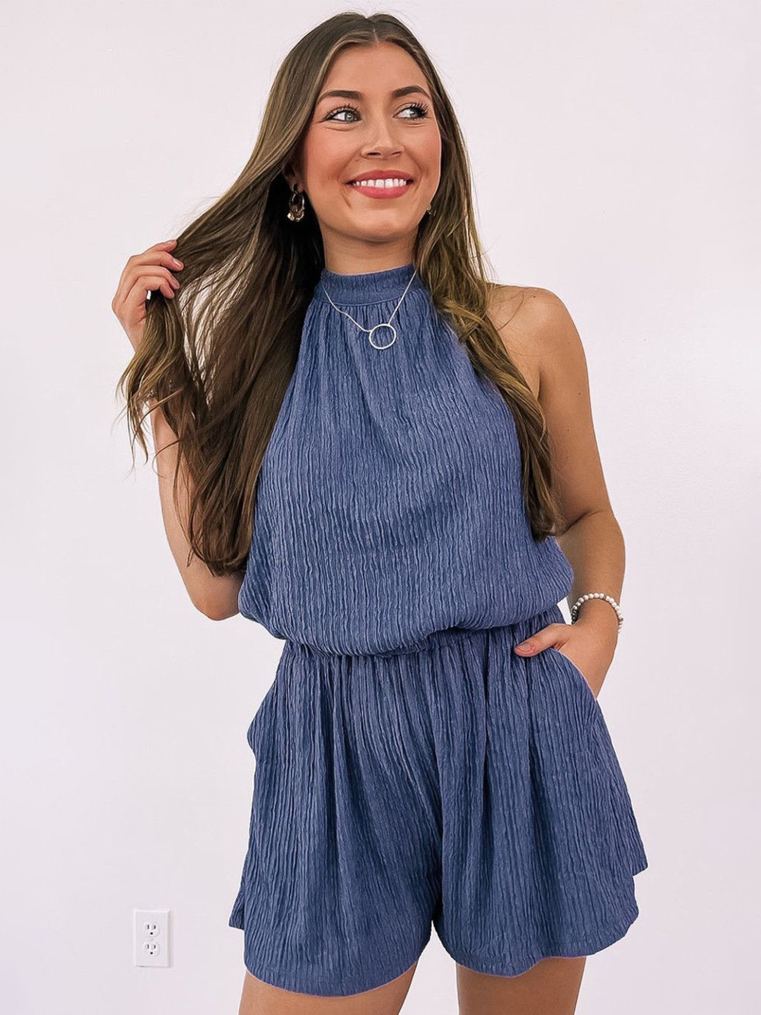 

StyleCast Women Self Design Round Neck Playsuit, Navy blue
