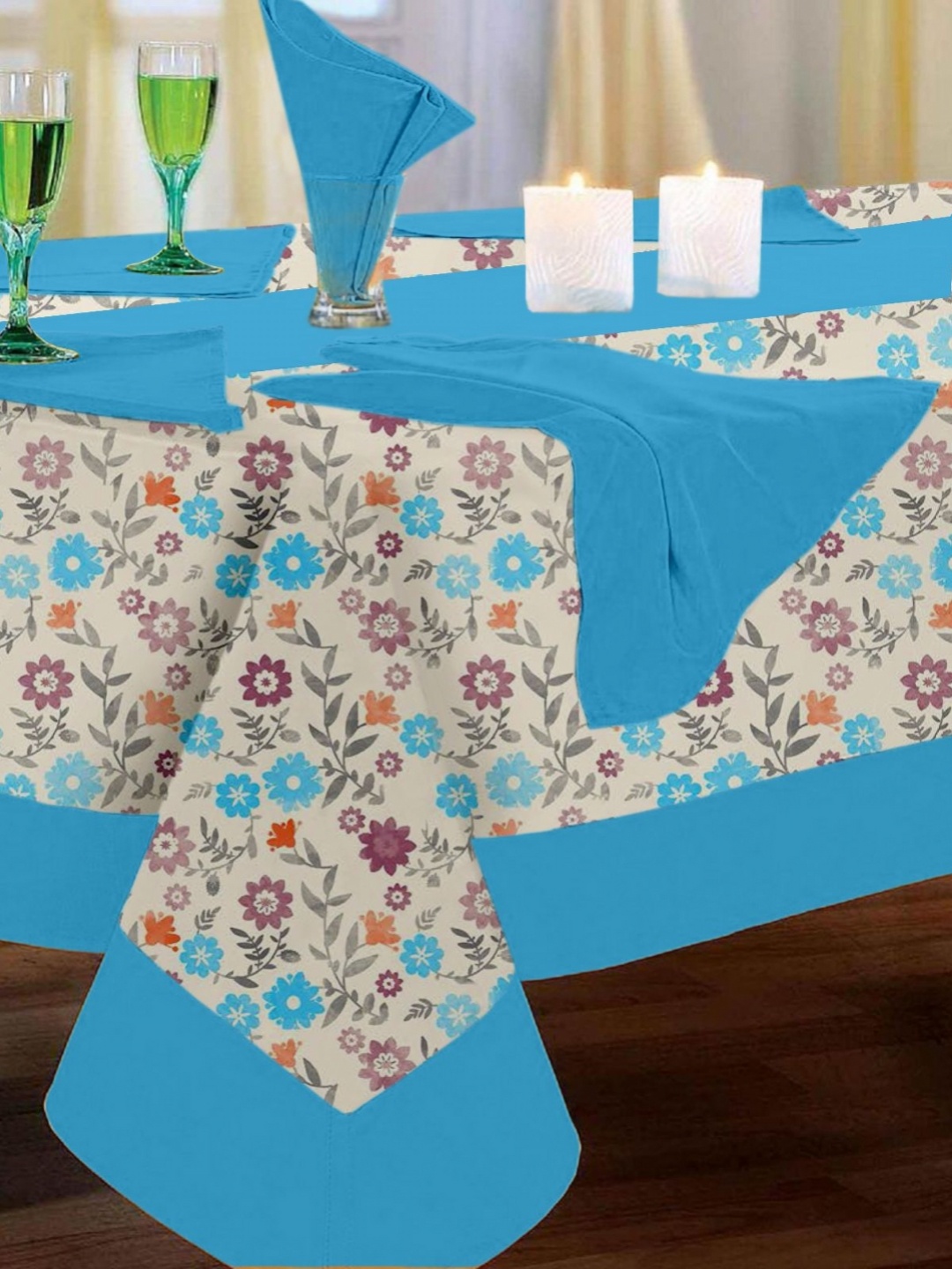 

Lushomes Set Of 14 Blue & Beige Printed pre Cotton Table Linen Set