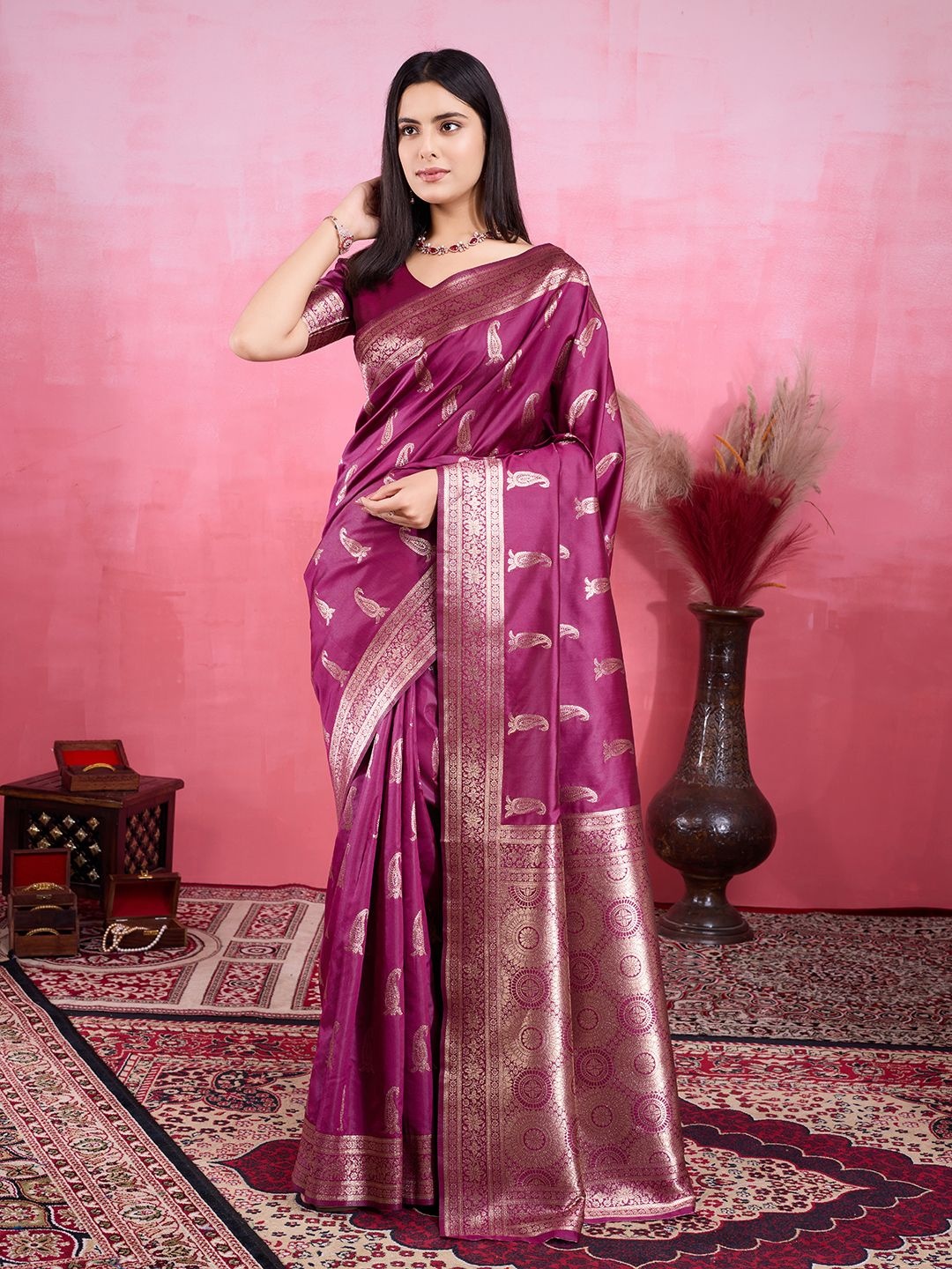 

V3 FASHION STUDIO Ethnic Motifs Woven Design Zari Pure Silk Banarasi Saree, Purple