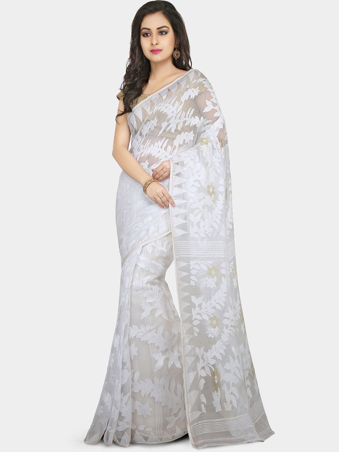 

Crochetin Ethnic Motifs Zari Jamdani Saree, White