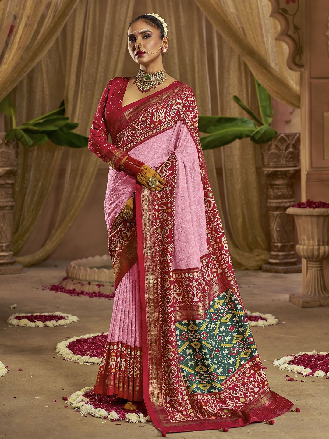 

Jinal & Jinal Ethnic Motifs Chikankari Pure Georgette Patola Saree, Pink